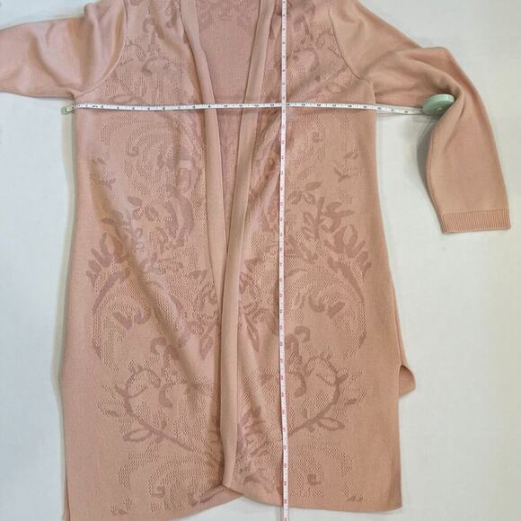 Chico's Petal/Blush Pink Long Open Cardigan, Duster Floral Jacquard Tapestry L - Picture 13 of 15